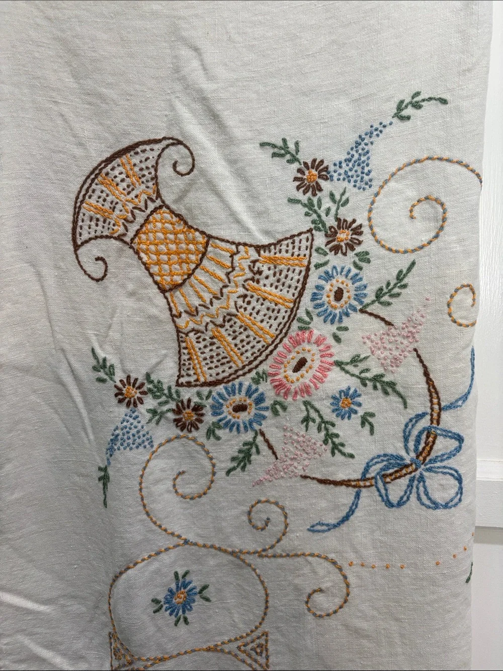 Vintage Floral embroidered linen tablecloth